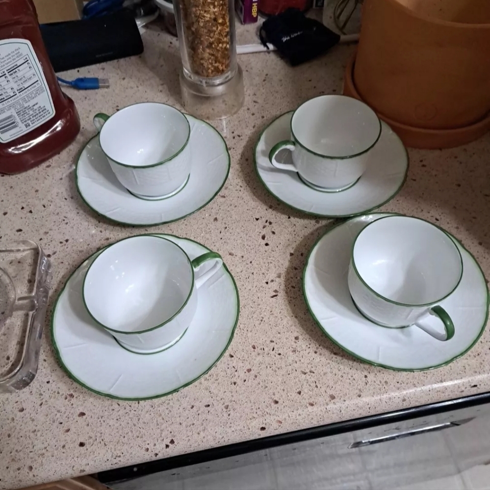 Raynaud Limoges France Villandry Green White Porcelain  Teacup & Saucer 2 Pc Lot